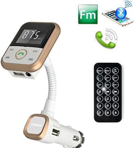 Handsfree Car Kit Car Bluetooth FM Transmitter, Intercom Car Bluetooth Player mp3 player for iPhone/Android with USB Charging port and remote control, USB/SD card (Gold)