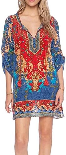 worlsky fashionable Women Bohemian Neck Tie Vintage Printed Ethnic Style Summer Shift Dress pattern 1925X-Large