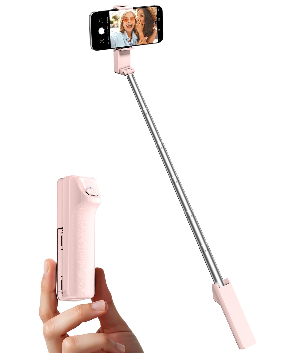 Viozon Portable Selfie Stick, Lightweight Extendable Stainless Steel Tube,All-in-One Compact Selfie Stick with Wireless Remote Compatible with 4-7" iPhone/Android Phones for Vlog/Travel/Filming, Pink