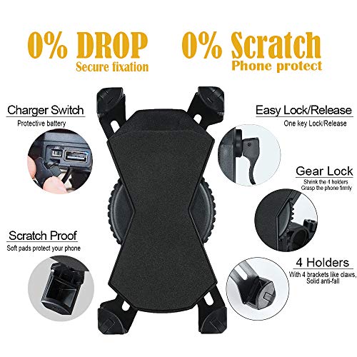 Motorcycle Phone Mount with Charger 5V 2.4A USB Port Install on Handlebar/Mirror Bar, Leepiya Cell Phone Holder for iPhone X 8 7 6 5 Plus, Galaxy S9 S8 S7 S6 Plus and All 3.5 to 6" Mobile Phone/GPS
