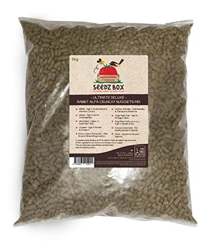 Rabbit Nuggets Food 1.8kg For Indoor & Outdoor Rabbits - Seedzbox Alfalfa Crunchy Rabbit Food - Natural Feed for Bunnies - Curbs Selective Eating Habits - Linseed and Wheat - High in Fibre and Calcium