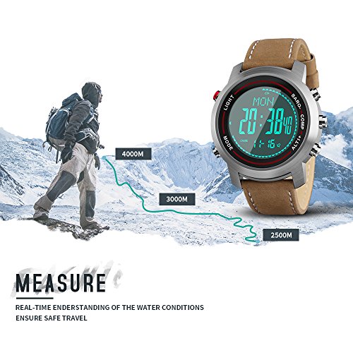 Men Digital Sports Watches with Compass Pedometer Altimeter Barometer Military Waterproof Wristwatch with Leather Band - Silver/Brown