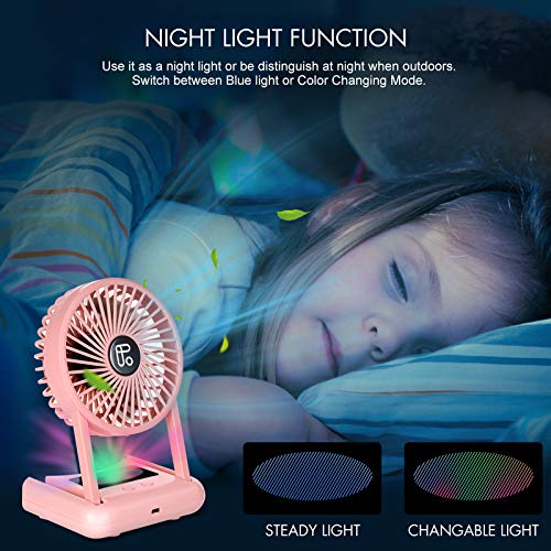 Handheld Small Fan, 4000mAh 5-23 Working Hours, USB Rechargeable Quiet 3 Speeds Mode Night Light Battery Protection, Folding and Portable Table Personal Fan for Travel Office Indoor Ourdoor (Pink)