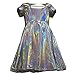 pinda Holographic High Waisted Flare Skater Dress (M, Silver)