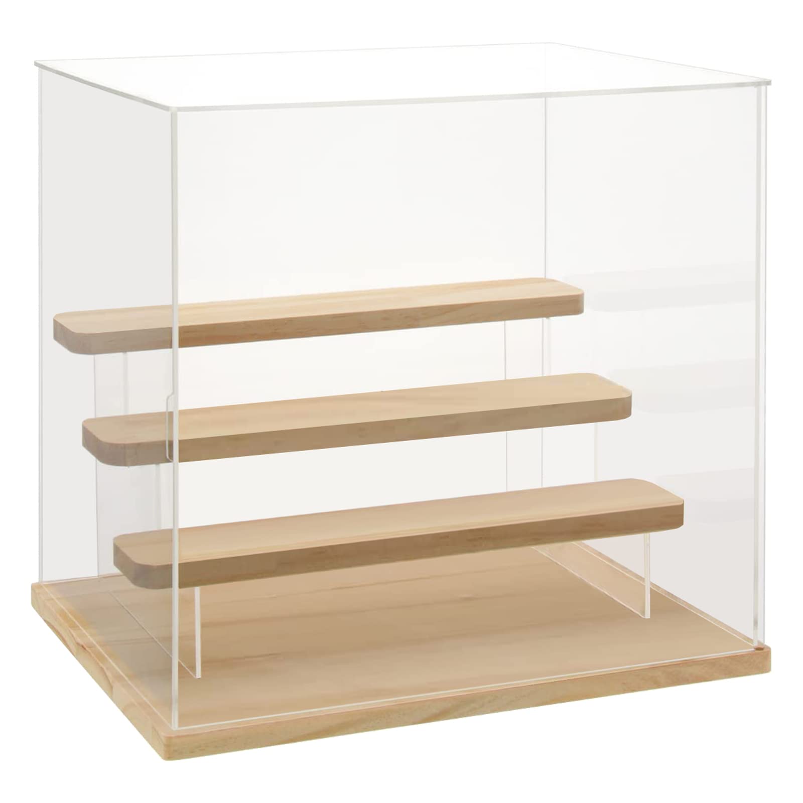 Photo 1 of Choowin 4 Tier Clear Acrylic Display Case for Collectibles, Mini Figures, Pop Mart, Labubu, Sonny Angel, Smiski - Assemble Dustproof Acrylic Display Box with Door, Stand (Wood Base Step)