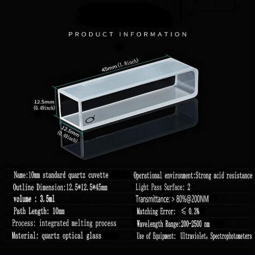 Quartz Cuvette - Spectrophotometer Cuvette - 4 pcs Standard 10mm Path Length - 45 mm Height - 3.5 mL Capacity - 200-2500 nm Wavelength Range Ultraviolet Two-Way Light Cuvette, With Acid-Alkaline Resis