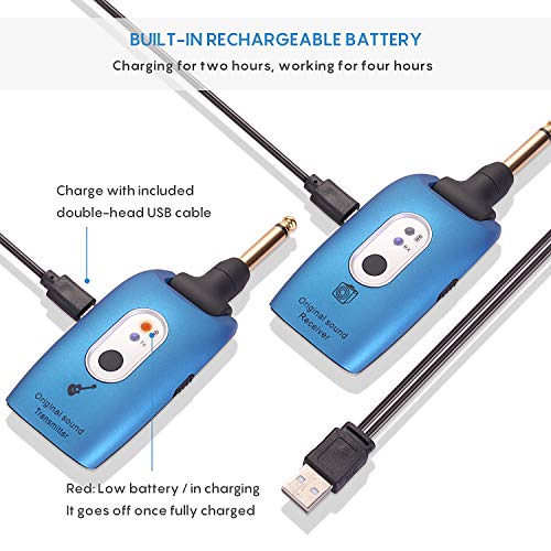 Wireless Guitar Transmitter & Receiver System 2.4G Wireless Audio Rechargeable 164ft Transmission Range for Electric Guitar Bass (Blue)