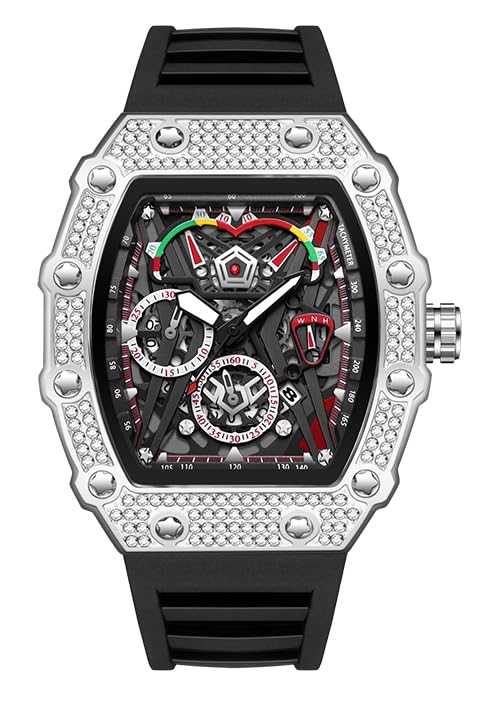 Mens Bling Punk Diamond Chronograph Watches Fashion Style Silicone Band Sports Wrist Watch, Black Black, Chronograph