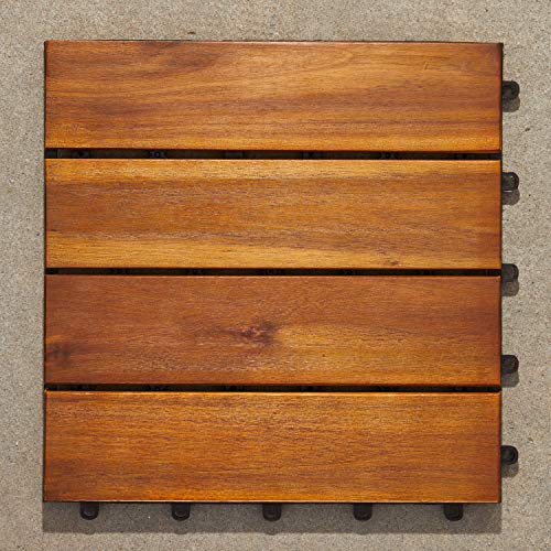 VIFAH V488 Interlocking Acacia Plantation Hardwood Deck Tile 4-Slat Style, 10-Pack, Teak Finish, 12 by 12 by 1-Inch