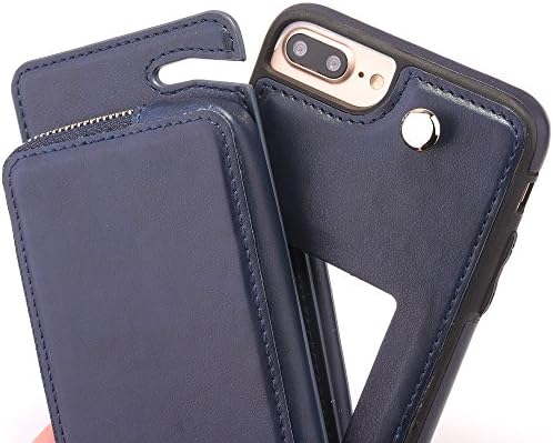 Wallet Leather case for iPhone 8 Plus/7 Plus/6 Plus, Large Capacity Rotating Card Holders Bag with Zipper, Backpack Protective Case Cover with Mirror for iPhone 8 Plus/7 Plus/6 Plus (5.5) - Navy