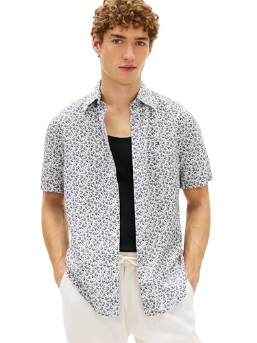 Tommy Hilfiger Men's Linen Tropical Print Regular Short Sleeve Shirts, White/Al…