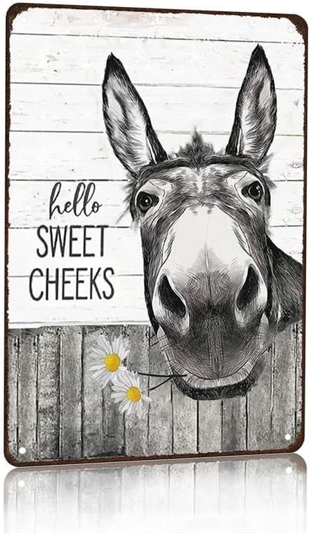 Vintage Donkey Hold Sunflowers Hello Sweet Cheeks Funny Tin Sign Retro Metal Sign for Home Farm Toilet Restroom Washroom Wall Decor Gift 8x12 Inch