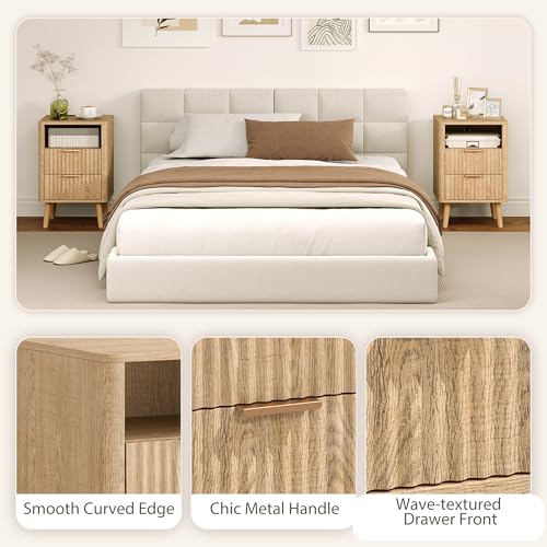 HOMCOM Fluted Nightstands Set of 2 with Charging Station, Modern Bedside Tables with 2 Drawers, Open Shelf, 2 Outlets and USB Ports, Side End Tables for Bedroom, Oak