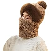 One-Piece Hat Womens Winter Warm Elastic Soft Ear Protection Knitted Scarf Mask Hat Fleece Lined Beanie Hat