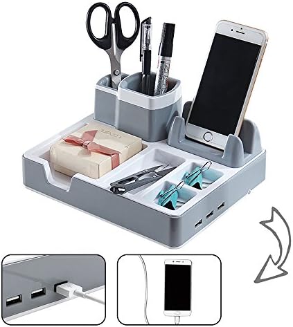 Monsiter Desk Organizer Pen Holders Desk Stand Charger, 3 USB Ports-Grey