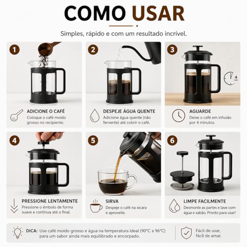 Prensa Francesa 350ml Cafeteira Manual em Aço Inox e Vidro Estilo Classico