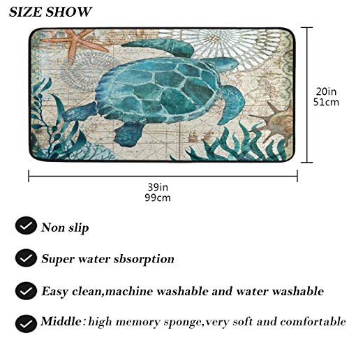 Sea Turtle Retro Map Kitchen Rugs Mat Nautical Ocean Coastal Bathroom