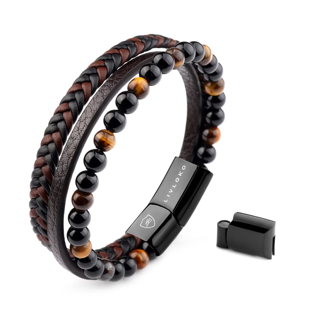 LIVLOKO Mens Bracelet Leather Black Multi-Layer Bracelet for Men Magnetic Clasp Rope Wristband Mens Gift for Boyfriend (Medium to Large 20-22cm, B. 19-22cm Black Brown Tiger-Eye Adjustable)