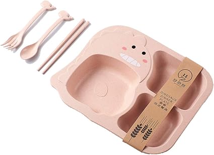 Amazon Co Jp Htsm 恐竜の子供用ディナープレート キッズプレート ランチプレート 子ども用 皿 仕切り 幼児用ランチプレート皿 軽量 幼児と子供に適用 スプーンとフォーク付き 離乳食 食器 ピンク 4pcs ホーム キッチン