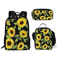 FANCOSAN Sunflower Floral Laptop Backpack Flower On Black College Students Travel Computer Notebooks Backpack Set with Lunchbag Pencilcase