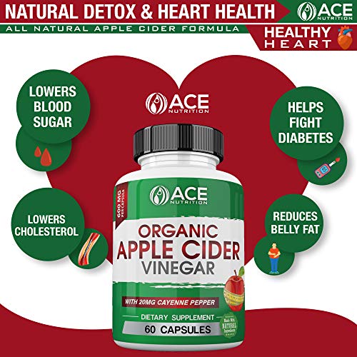 ACE Nutrition Organic Apple Cider Vinegar Capsules (600mg) Natural Detox and Weight Loss Supplements | Cayenne Pepper Metabolism Booster | Raw, Pure, Non-GMO, Gluten Free
