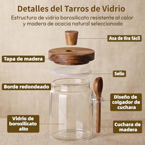 MOISLAS Frascos de Vidrio Herméticos 8 PCS con Tapa madera exquisita 900ml 140ml Frasco para Organización Contenedor para Almacer Alimento Especias Café Azúcar 4 exquisita cuchara de madera
