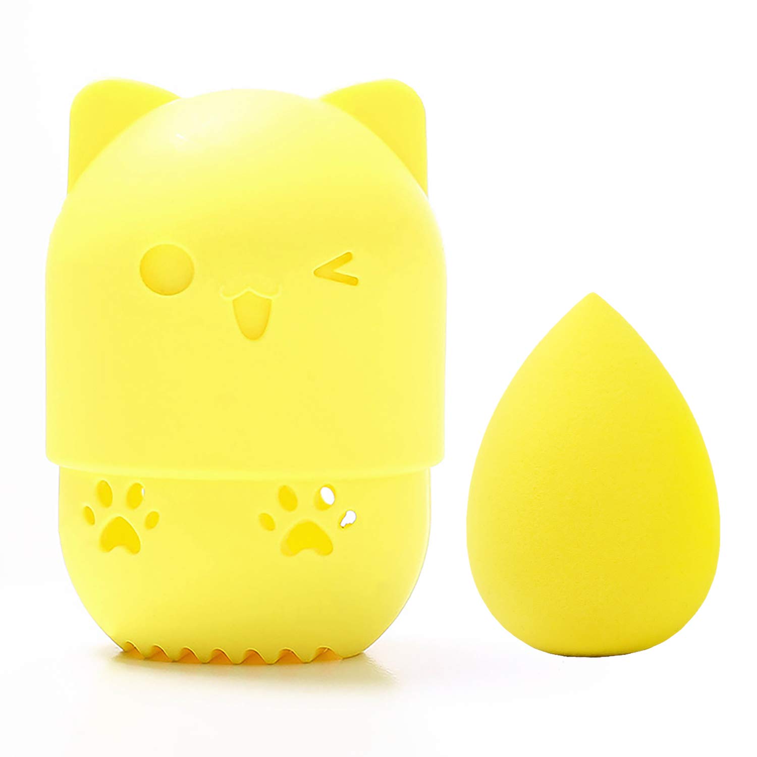 [Allure & Co.] Soft Makeup Sponge and Cute Cat Shaped Container Set - Travel Case for Beauty Blender (Yellow)