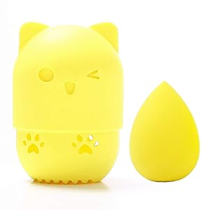 [Allure & Co.] Soft Makeup Sponge and Cute Cat Shaped Container Set - Travel Case for Beauty Blender (Yellow)