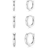 Small Cartilage Hoop Earrings for Women Men, 3 Pairs Hypoallergenic Sterling Silver Post Huggie Earrings, 8/10/12mm, Silver/Gold/Black