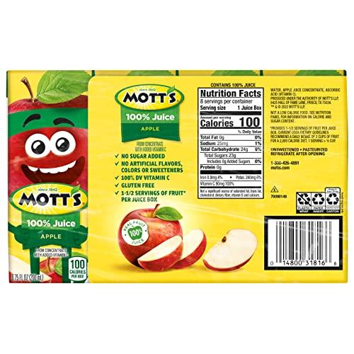 MOTT’S 100% ORIGINAL APPLE JUICE, 6.75 FL OZ BOXES, 32 COUNT (4 PACKS OF 8), 2 SERVINGS OF FRUIT, 100% FRUIT JUICE, GLUTEN-FREE, CAFFEINE-FREE, KOSHER, CONTAINS NO ARTIFICIAL COLORS OR SWEETENERS