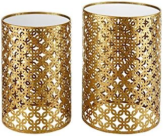 Modern Round Mirror Glass Top Iron Framed Nesting Tables Goldtone Finish (Set of 2) Gold, Yellow