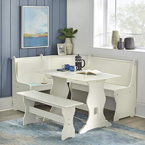 Target Marketing Systems 3 Piece Breakfast Nook Dining Set with a L-Shaped Storage Bench and a Trestle Style Dining Table and Bench, Antique White - Thumbnail 4