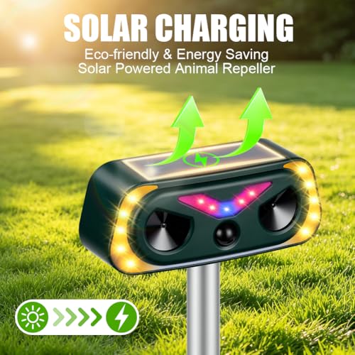 AYESY Ultrasónico Repelene de Animales, Repelente Gatos Solar con Luz LED Ahuyentador Gatos Perros Roedores, Resistente al Agua para Jardín Patio Granja Recargable Sensor Infrarrojo sin Dañar Animales