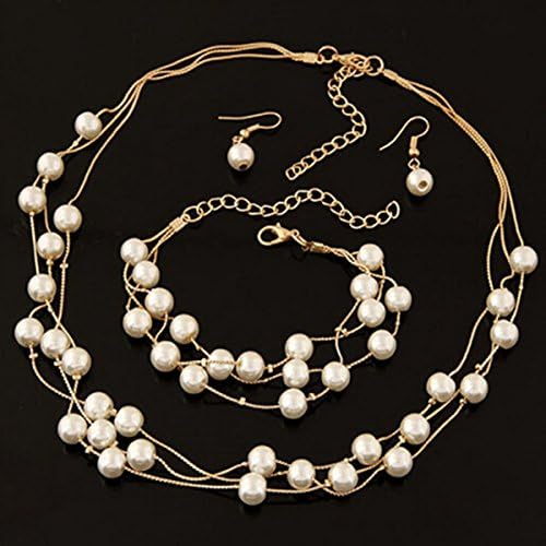 SKYEO Charm Bridal Pearls Silver Plated Necklace Earrings Bracelet Set,Golden