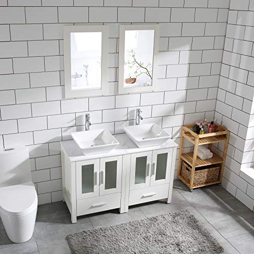 48" Double Sink Bathroom Vanity Cabinet White Marble Pattern Top w/Mirror Faucer & Drain (Ceramic Sink)
