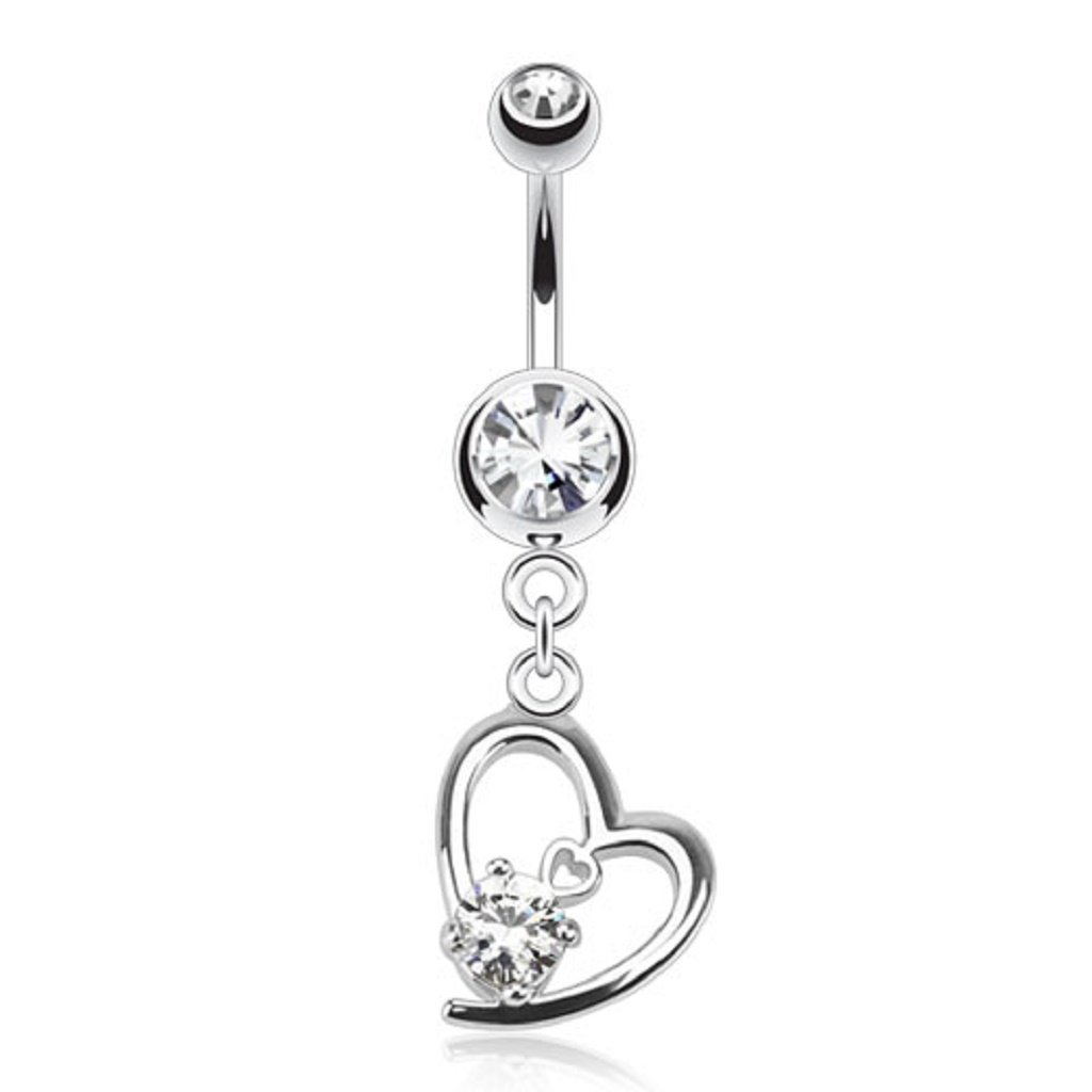 PiercedOff 316L Surgical Steel Clear CZ Belly Bar with Clear CZ Heart Dangle - Thickness 14GA (1.6mm) / Length 10mm / Ball Size Top 5mm and 8mm Lower/Heart Dangle Size 12mm