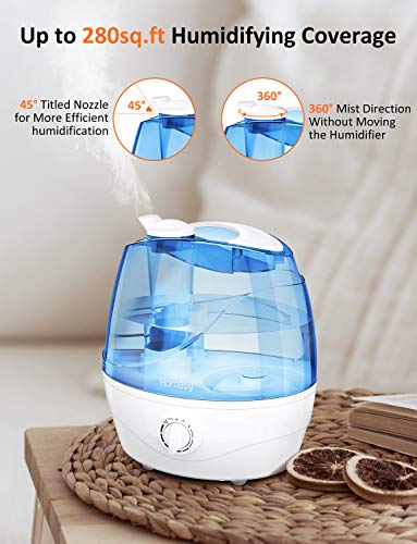 Homasy Cool Mist Humidifiers, Quiet Baby Humidifiers for Bedroom, Last Up to 25 Hours, Easy to Clean, Ultrasonic Humidifier with Precise Mist Control, Auto Shut-Off, Anti-Slip Handle