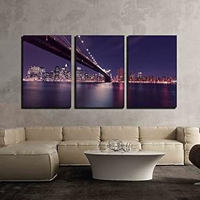 3 Piece Canvas Wall Art - Brooklyn Bridge and Manhattan at Night, New York City - Modern Home Art Stretched and Framed Ready to Hang - 16"x24"x3 Panels