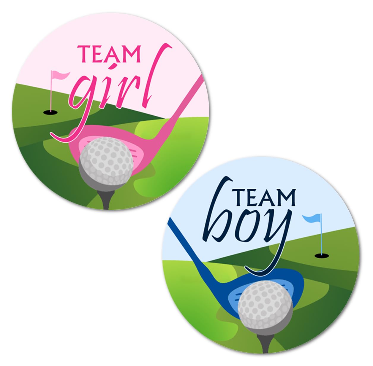Photo 1 of 40 Team Boy Team Girl Gender Reveal Stickers, Golf Themed 2 Inch Big Round Glossy Labels, Pink and Blue Decals, Great for Baby Shower Party Favors, Tags, Games and Supplies. Made in USA
