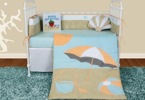 Snuggleberry Baby 6 Piece Crib Set For Boys and Girls - with Storybook, Bumper, Fitted Sheet, Skirt, Quilt and Plush Accessory Toy - Sun and Sand Theme Nursery Bedding