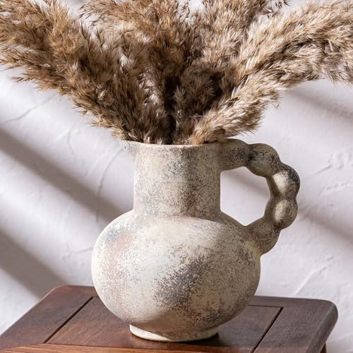 Antique Flower Ceramic Vase with Handle, Vintage Pitcher Terracotta Vases, Boho Decor Farmhouse Stone Pottery Vases, Rustic Decorative Vase for Home Decor, Table, Living Room, Mantel, Wedding 6.9 Inch