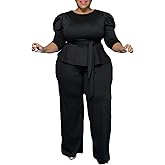 MRSFITOK Plus Size 2 Piece Wide Leg Pants Set for Women Casual Long Sleeve Shirt Long Pant Sets Sexy With Belt