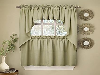 Sweet Home Collection Opaque Rib Cord Kitchen Curtains Swag Pair, Ribcord Sage
