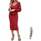 Yazinie Fall Wedding Guest Dresses for Women Batwing Open Back Dress for Women Wrap Knit Sweater Maxi Dress with Belt Red
