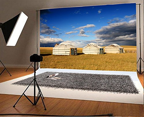 Laeacco 7x5FT Vinyl Backdrop Photography Background Yurt Nomad's Tent National Dwelling People Round House Field Grassland Blue Sky Landscape for Photographic Background Photo Shooting Studio Prop