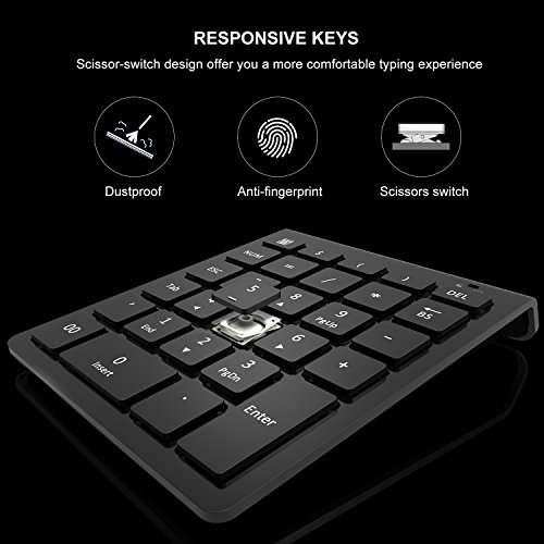 Wireless Number Pad, Vive Comb 28-Key External Numeric Keypad Slim Numpad Full Size with Shortcuts for Laptop, Desktop, PC, Notebook-Black