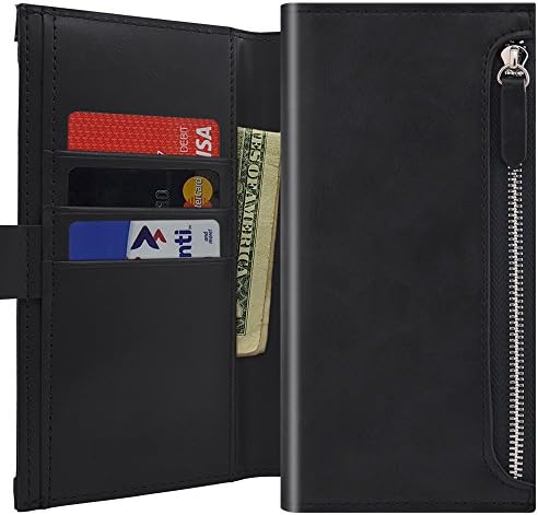 Qoosan Galaxy S7 Edge Wallet Case [Zipper] Protective PU Leather Flip Cover with Card Holder & Zipper Pocket - Black