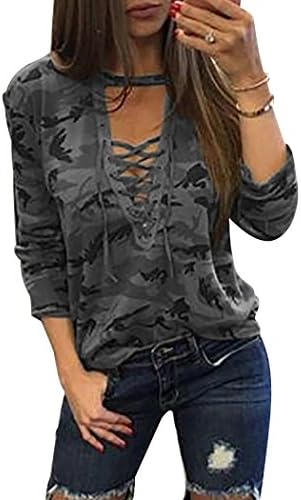 Vicheer Womens Long Sleeve Deep V-Neck Adjustable Blouses Tops Camo Military Shirts Grey 2XL