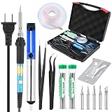 Soldering Iron Kit Electronic, WYCTIN 60W 110V Adjustable Temperature Welding Iron, Desoldering Wick, 5pcs Soldering Iron Tips,Desoldering Pump, 2pcs Solder, 2pcs Tweezers, Stand with Tool Carry Case