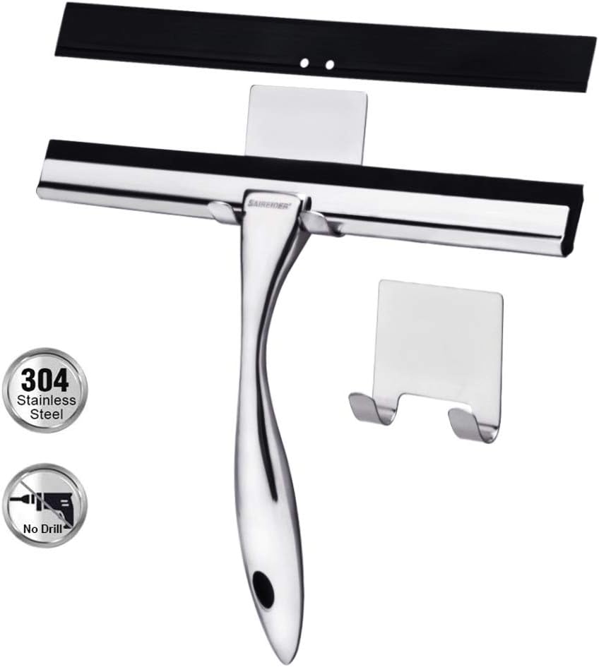 SAIREIDER Shower Squeegee 304 Stainless Steel Squeegees for Shower Doors, Windows, Mirror, Car Glass and Countertop with Bonus Gift of Replacement Squeegee Blade